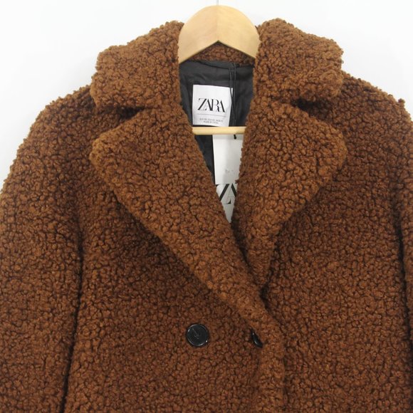 Zara Teddy Bear Coat XS NEW Women Brown Fuzzy Winter Jacket Faux Shearling - Picture 5 of 10